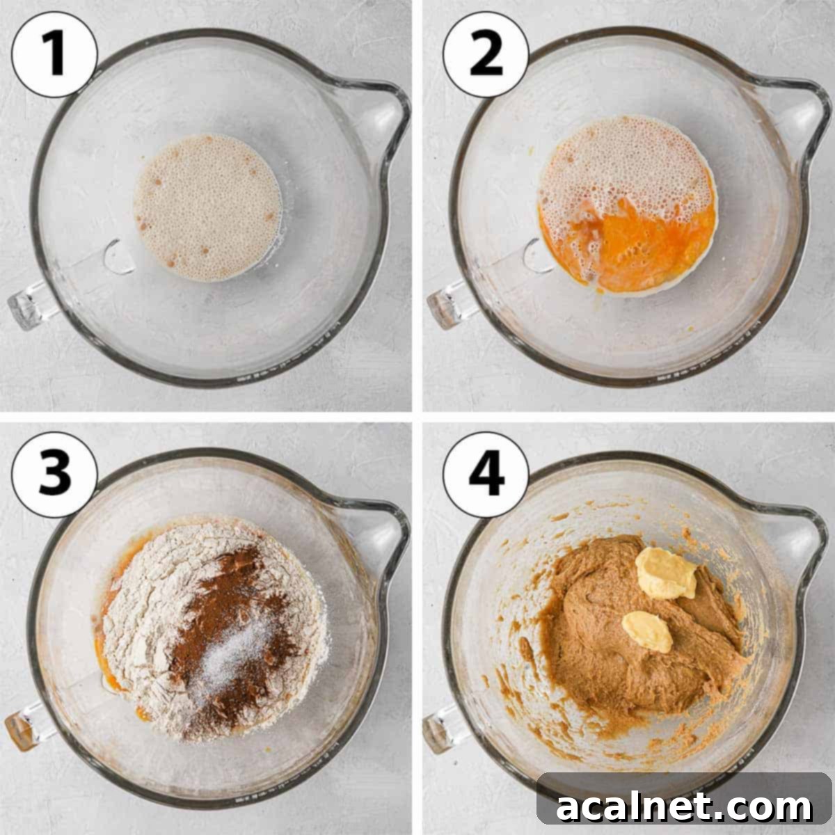 Process Shot Collage: step-by-step photos of making the brioche dough for cinnamon roll bread.