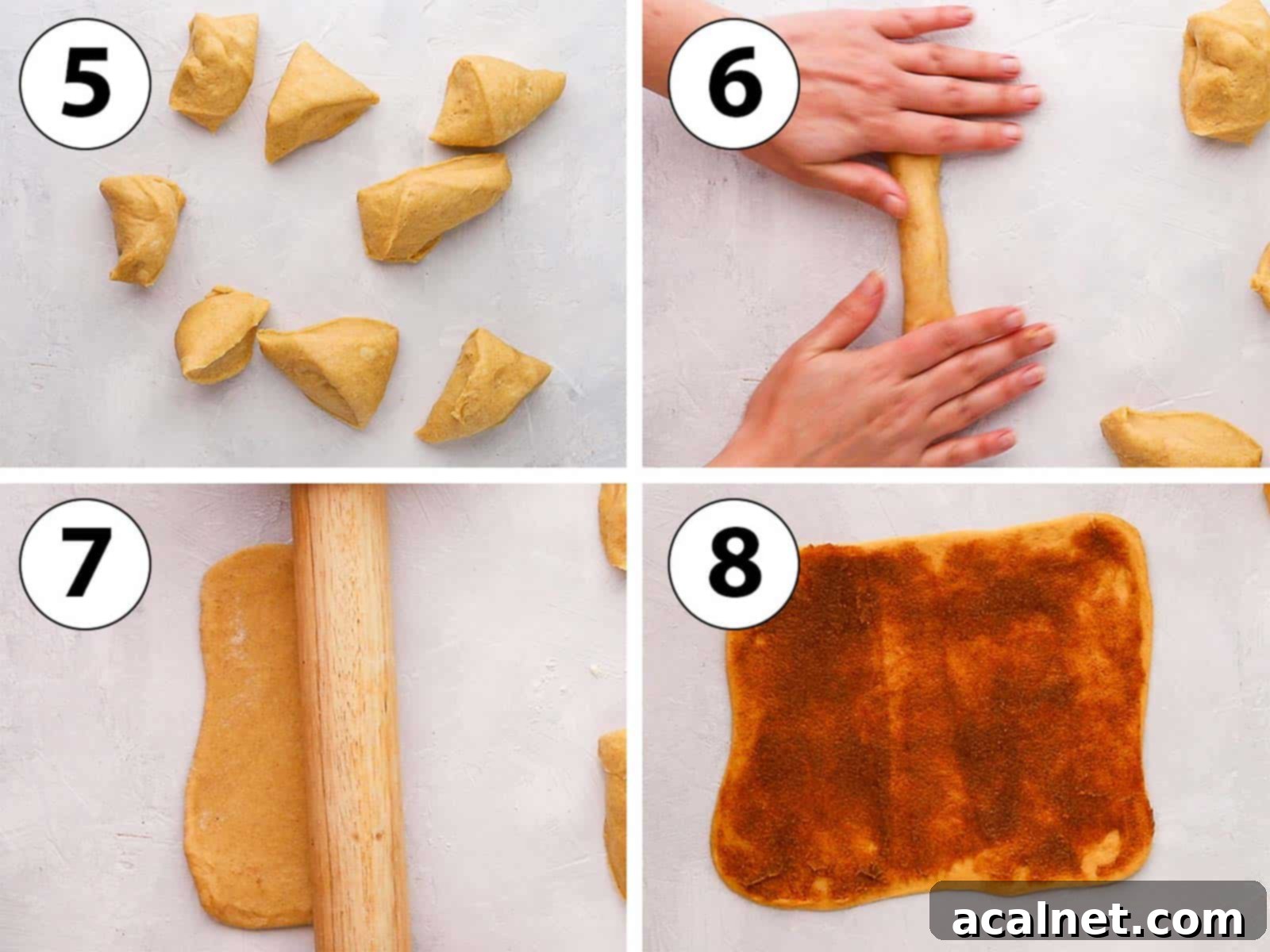 Process Shot Collage: rolling the dough, adding cinnamon filling, and rolling into logs for cinnamon roll bread.