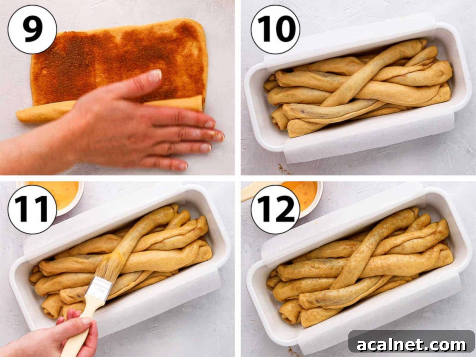 Process Shot Collage: shaping the cinnamon roll bread loaf in a pan and applying egg wash.