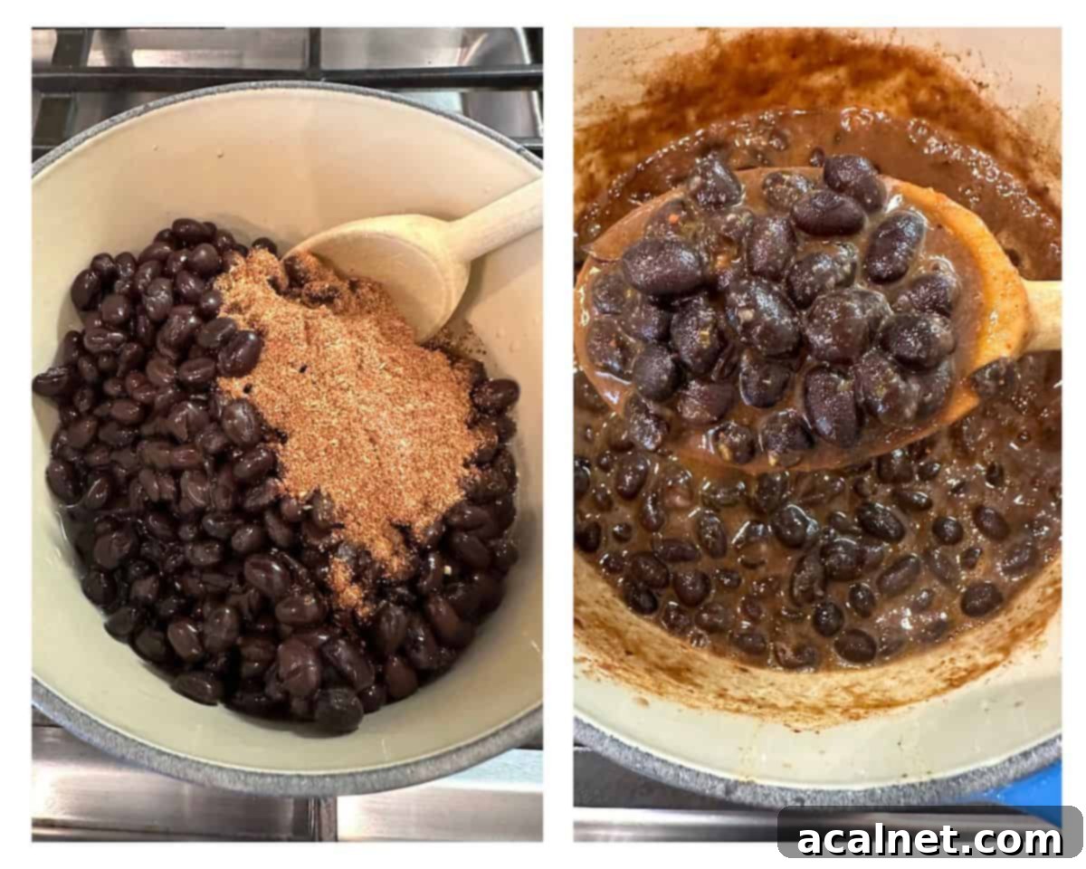 Two saucepans with seasoned beans, one with a spoon, and a close-up of a spoon serving a scoop of beans.