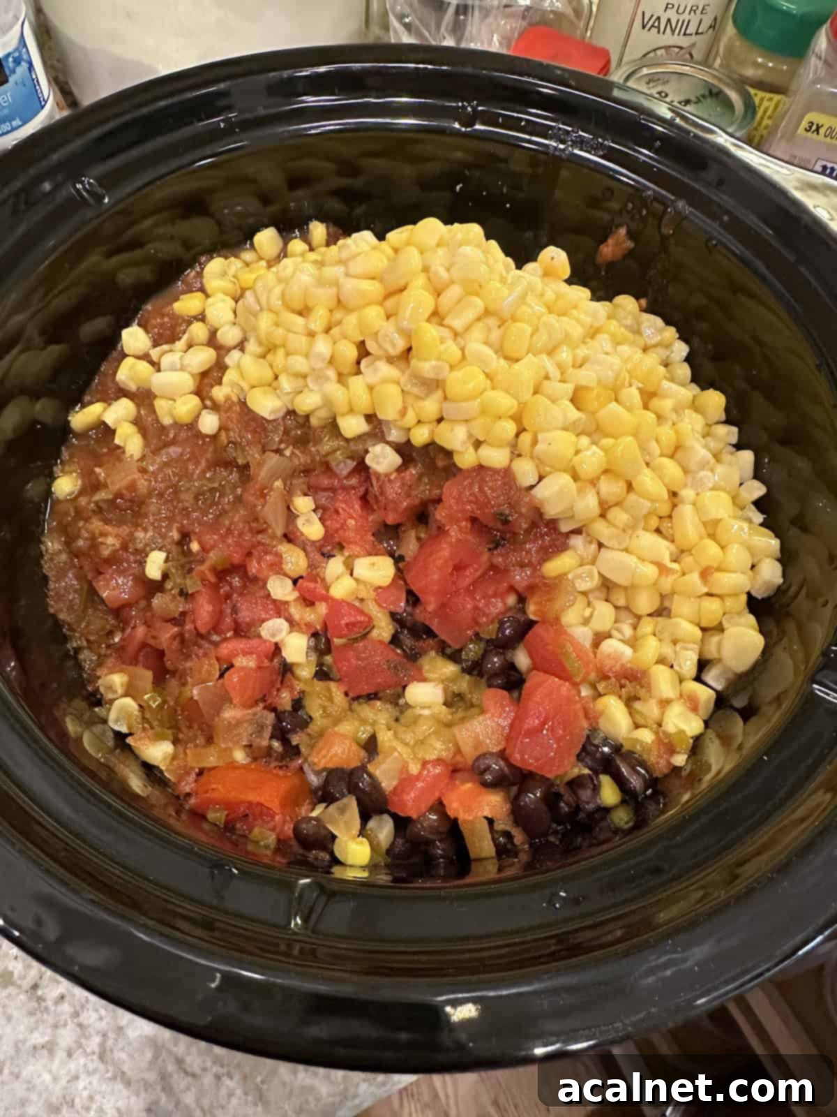 Corn, salsa and black beans cooking gently in a crockpot, promising a delicious slow-cooked soup.