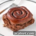 A single triple chocolate cinnamon roll on a small white plate, adorned with a luscious dark chocolate ganache.