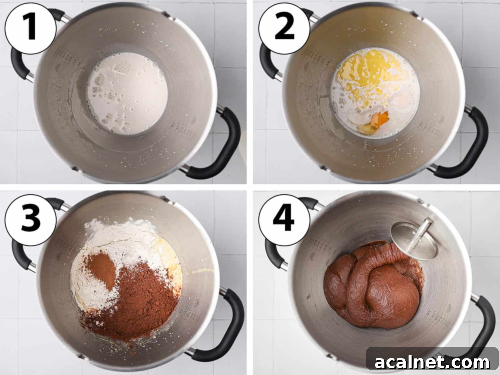 A collage showing the process of making chocolate cinnamon roll dough in a Kenwood stand mixer, including mixing ingredients and kneading.