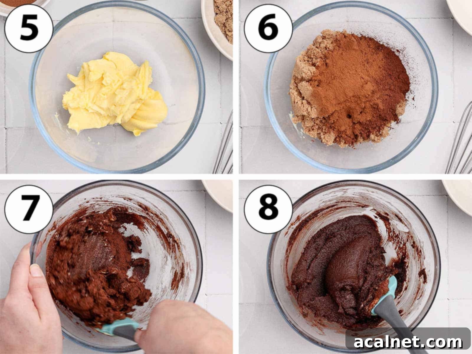 A collage showing the steps to prepare the chocolate cinnamon filling for cinnamon rolls, including mixing butter, brown sugar, cocoa, and cinnamon.