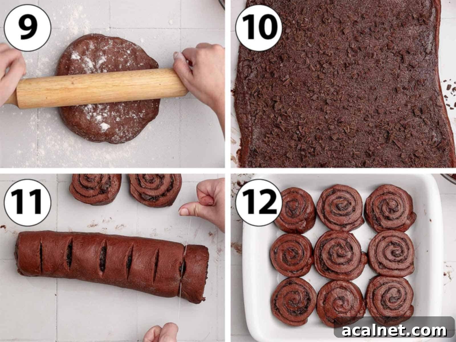 A collage illustrating the assembly of triple chocolate cinnamon rolls, featuring rolling out the dough, spreading filling, rolling into a log, and cutting individual rolls.