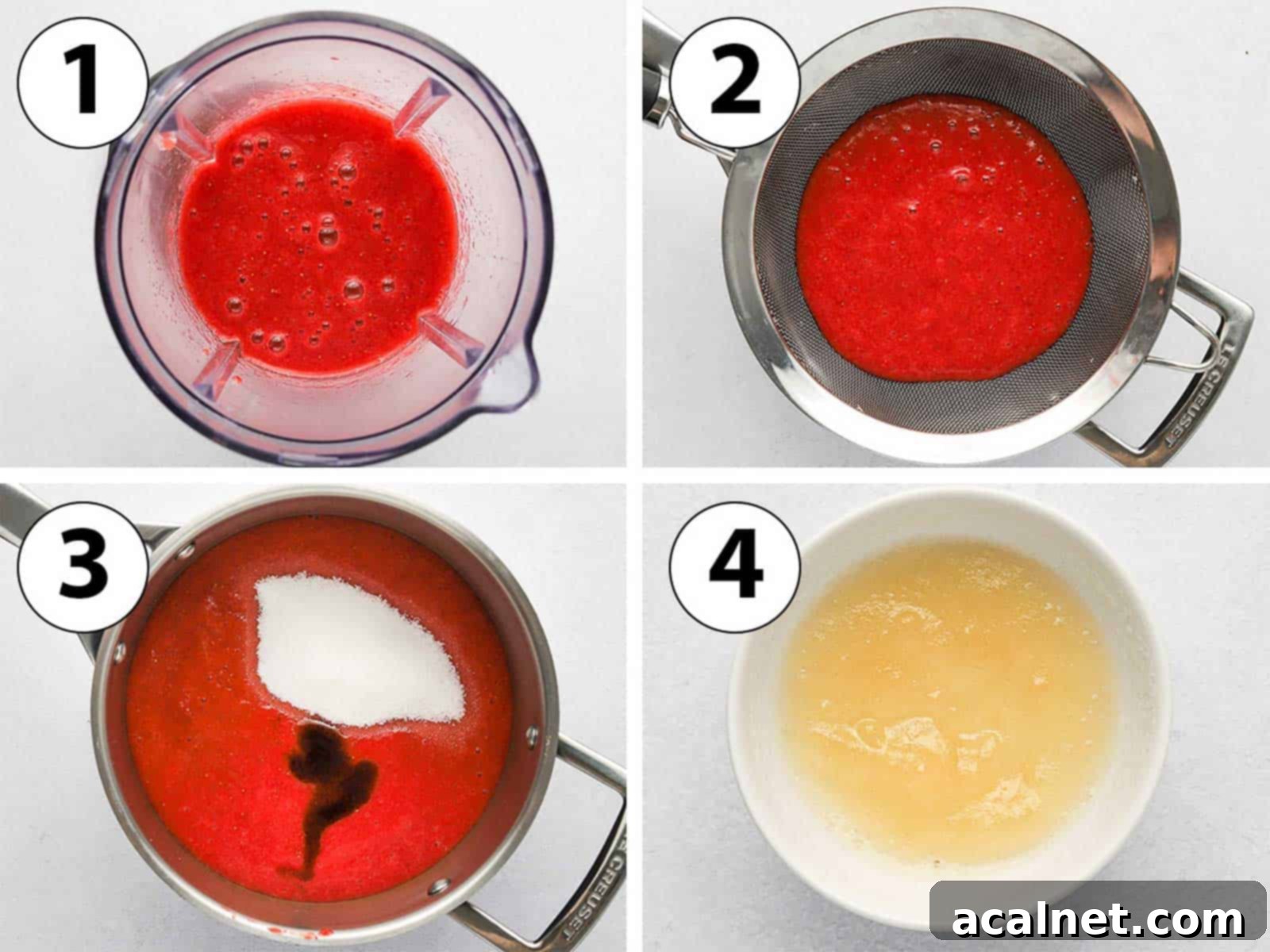 Quick and Creamy Strawberry Mousse 4 Process Shot Collage: blending the strawberries, adding the rest of ingredients and preparing the gelatine.