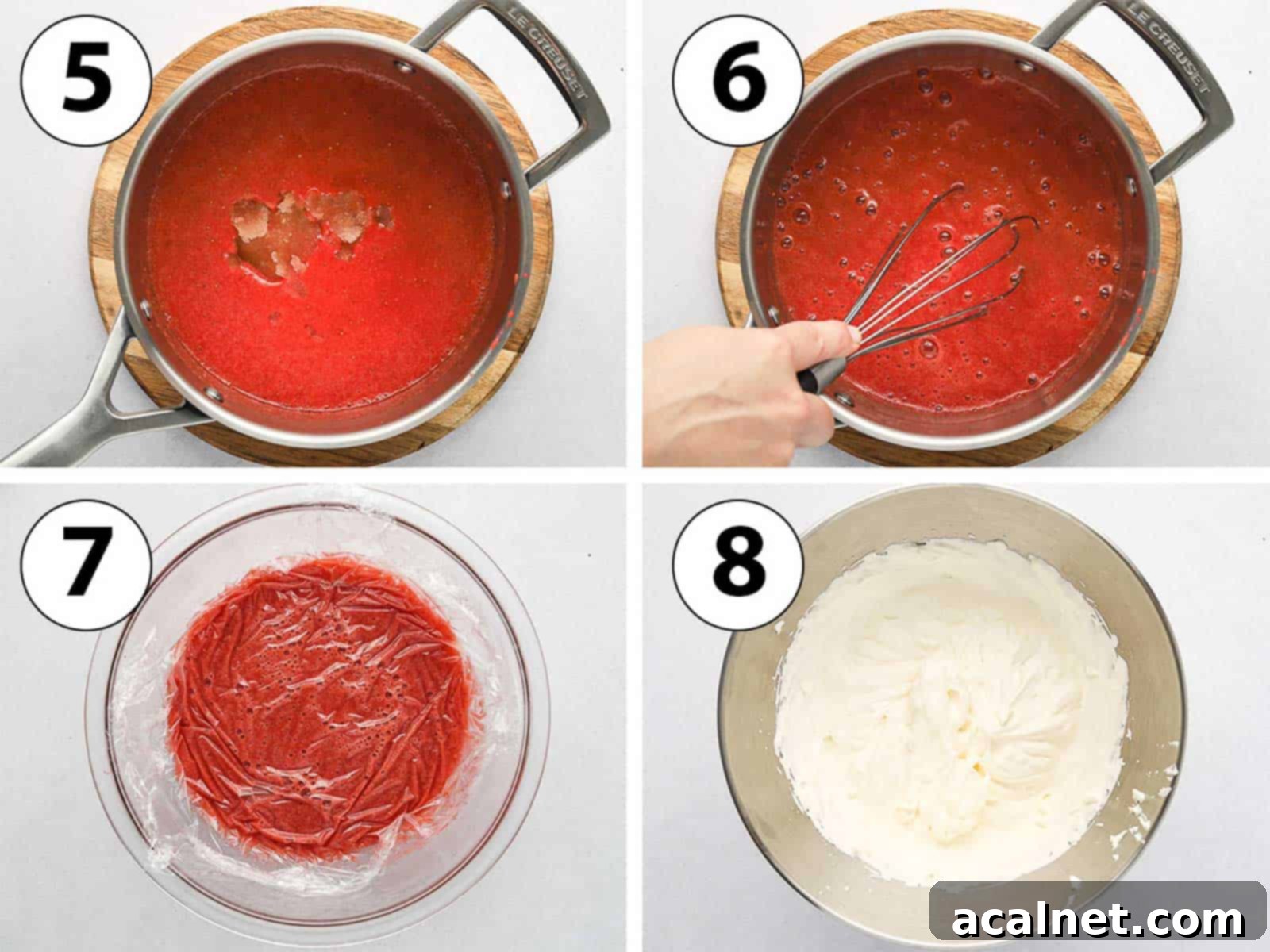 Quick and Creamy Strawberry Mousse 5 Process Shot Collage: cooking the strawberry puree and whipping the cream.