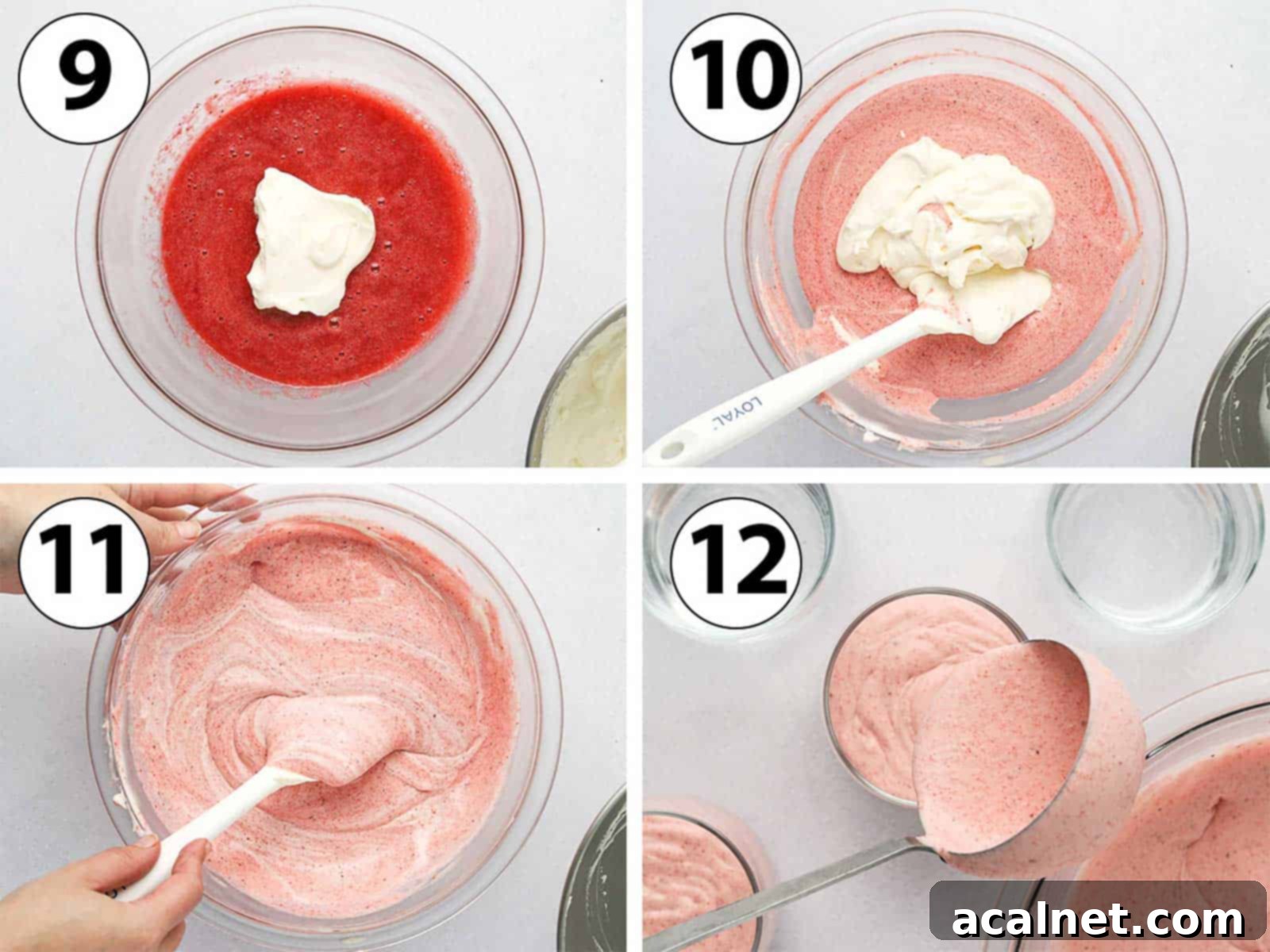 Quick and Creamy Strawberry Mousse 6 Process Shot Collage: folding the whipped cream in the strawberry puree and pouring the mousse in glasses.