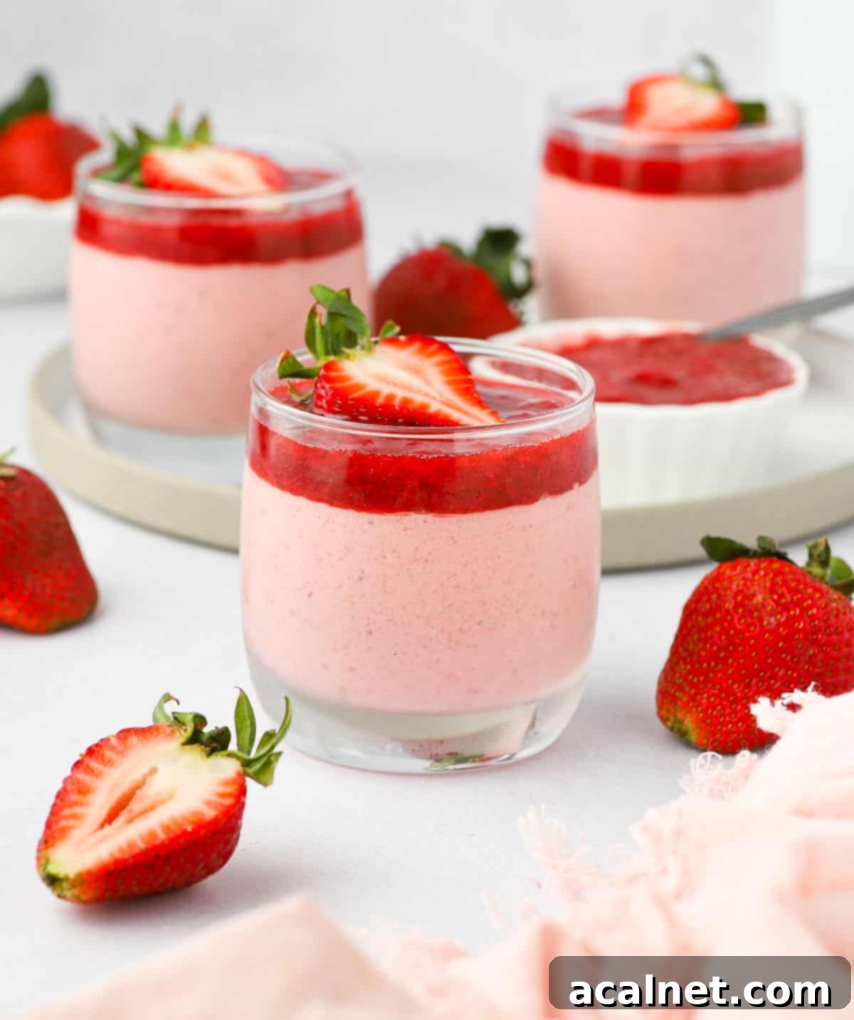 Quick and Creamy Strawberry Mousse 9 Front view of the dessert in a glass cup surrounded by fresh strawberries.