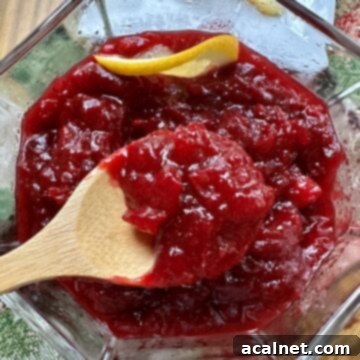 Cranberry orange sauce in a bowl with a spoon and a slice of orange.