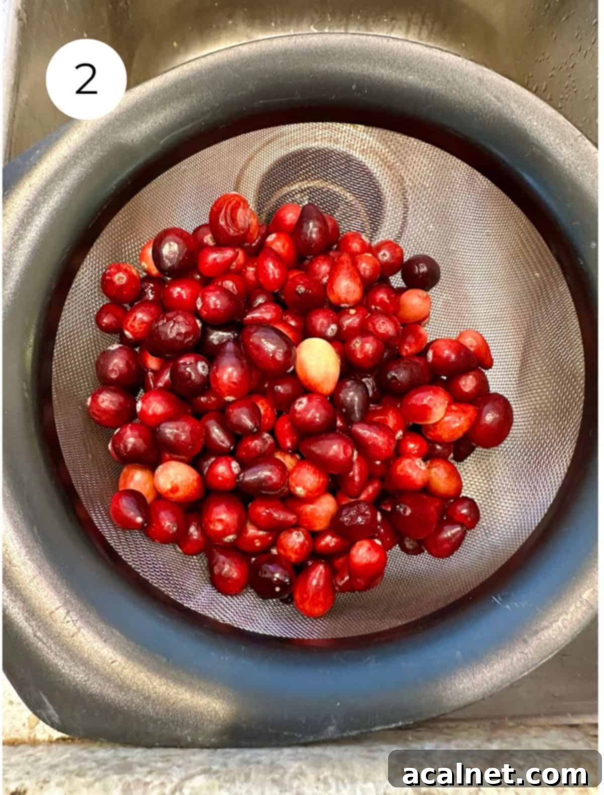 Fresh cranberries in a strainer over a sink.