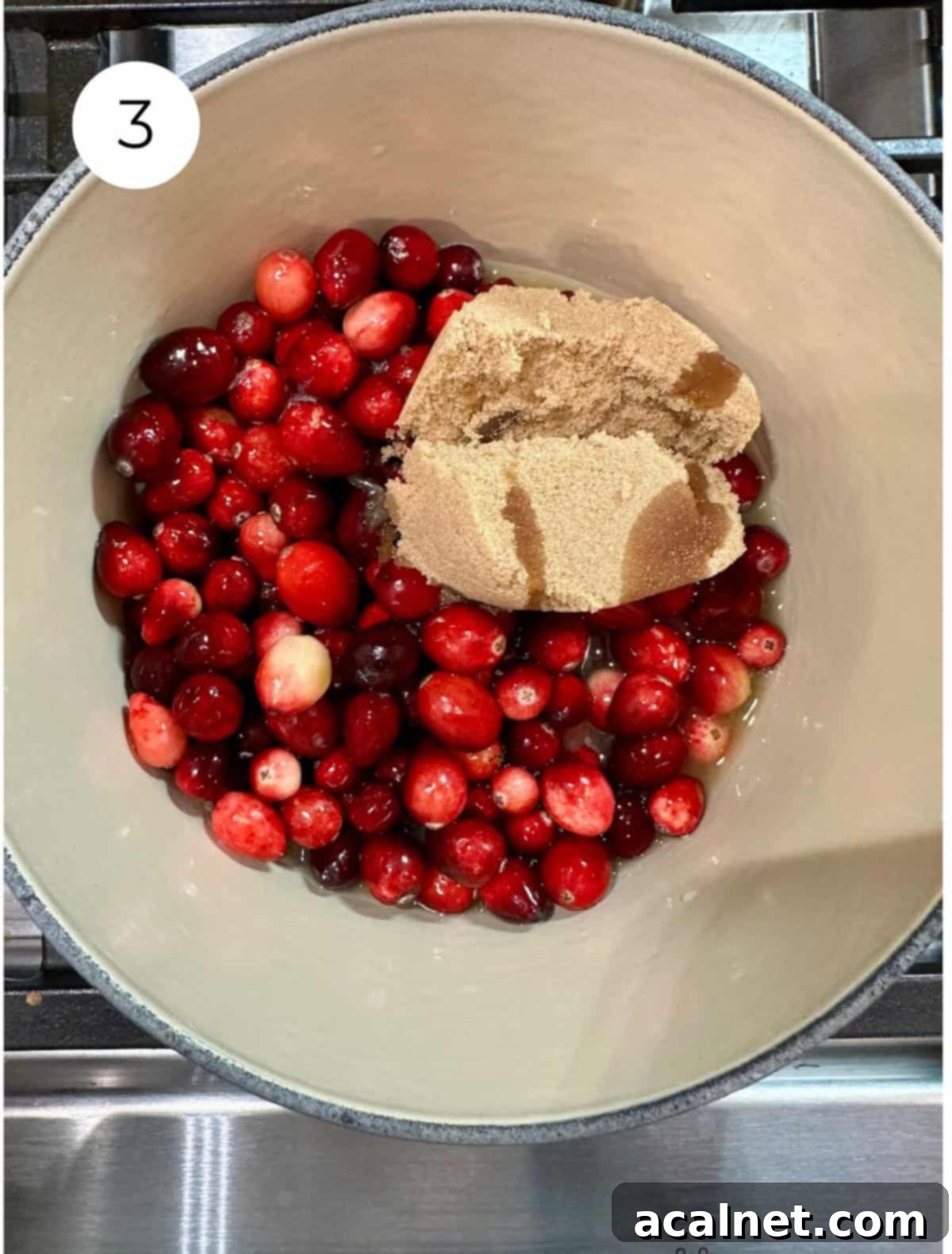 Fresh cranberries with brown sugar in a pan on the stove.