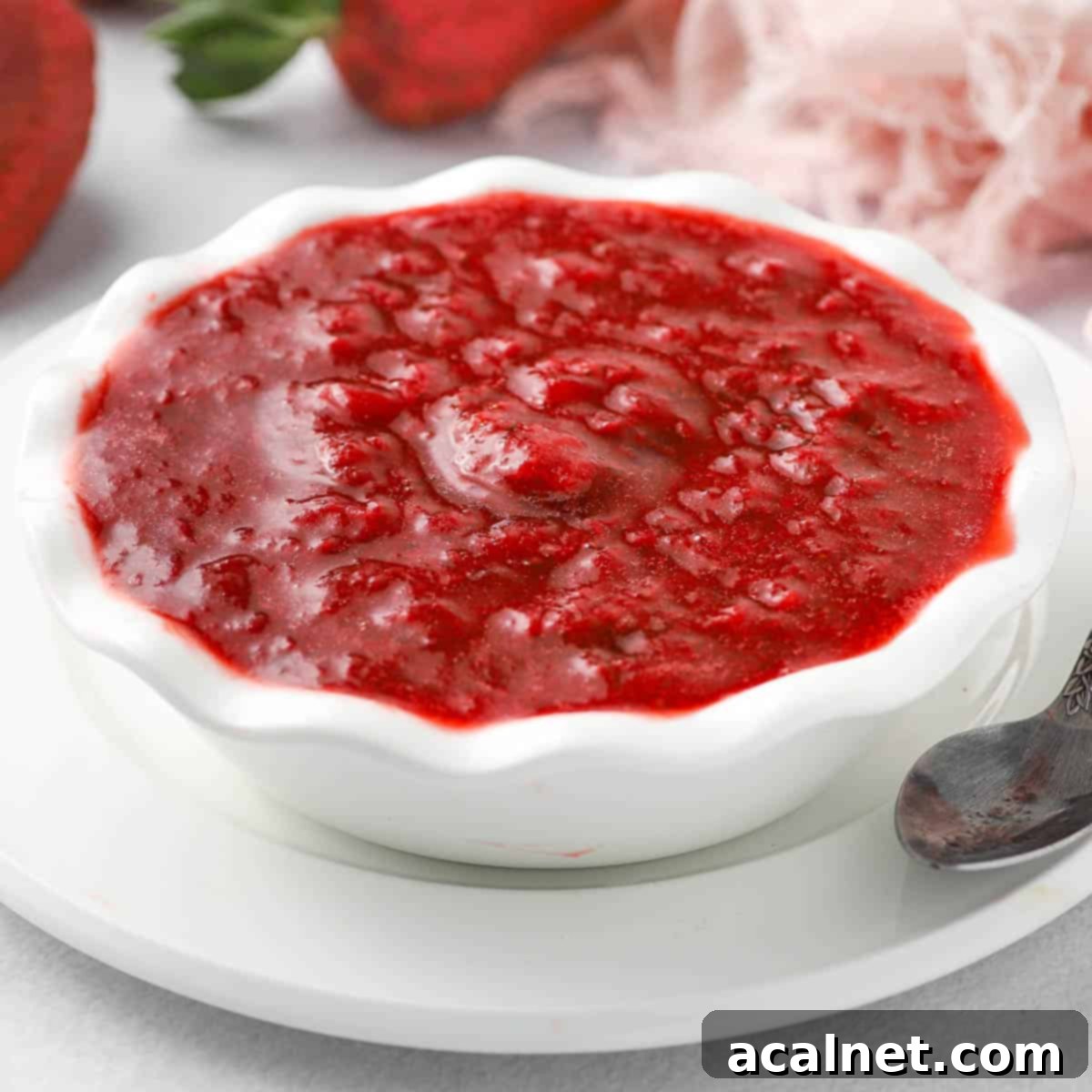 Strawberry compote in a small white bowl over a white plate.