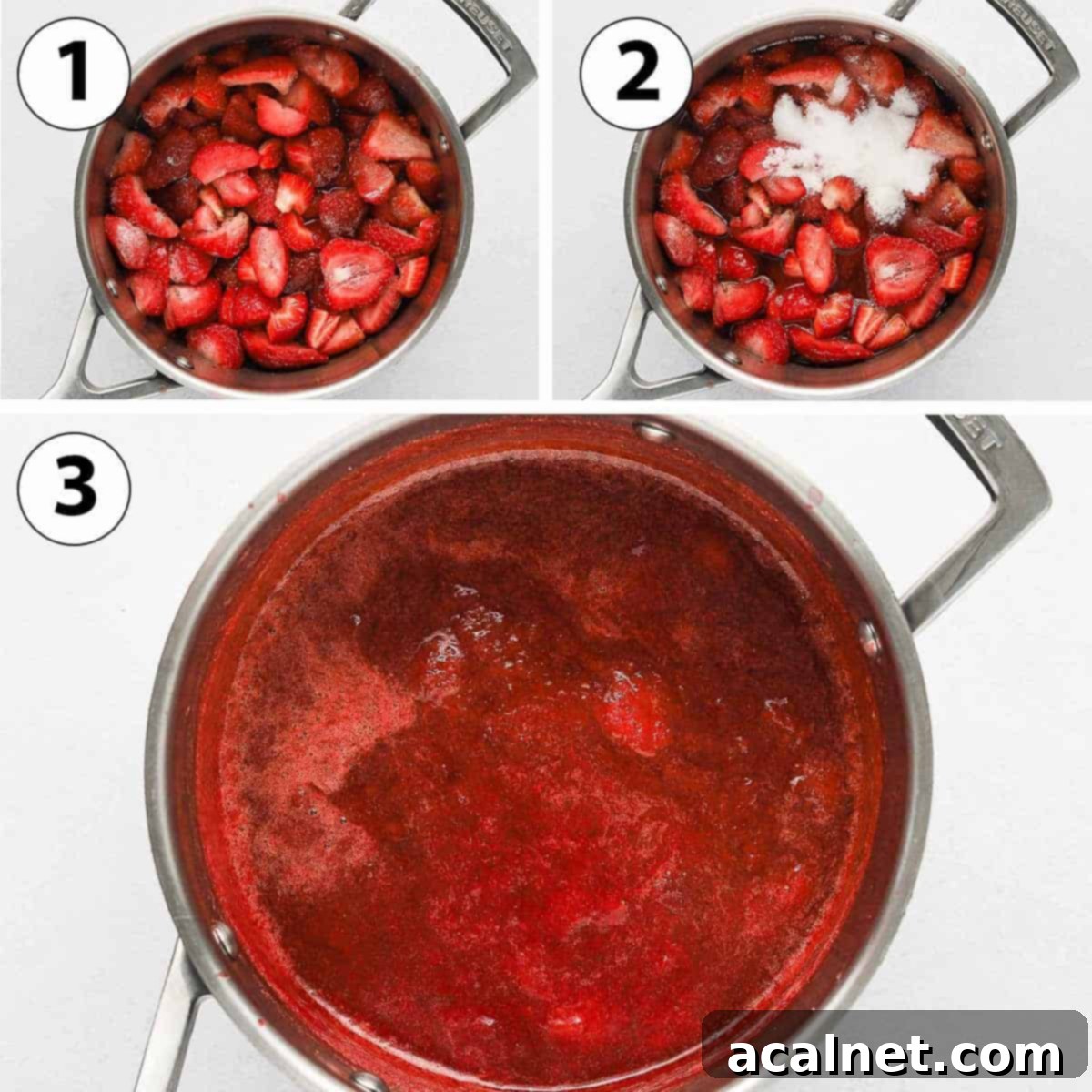 Process Shot Collage: cooking the compote in a saucepan.