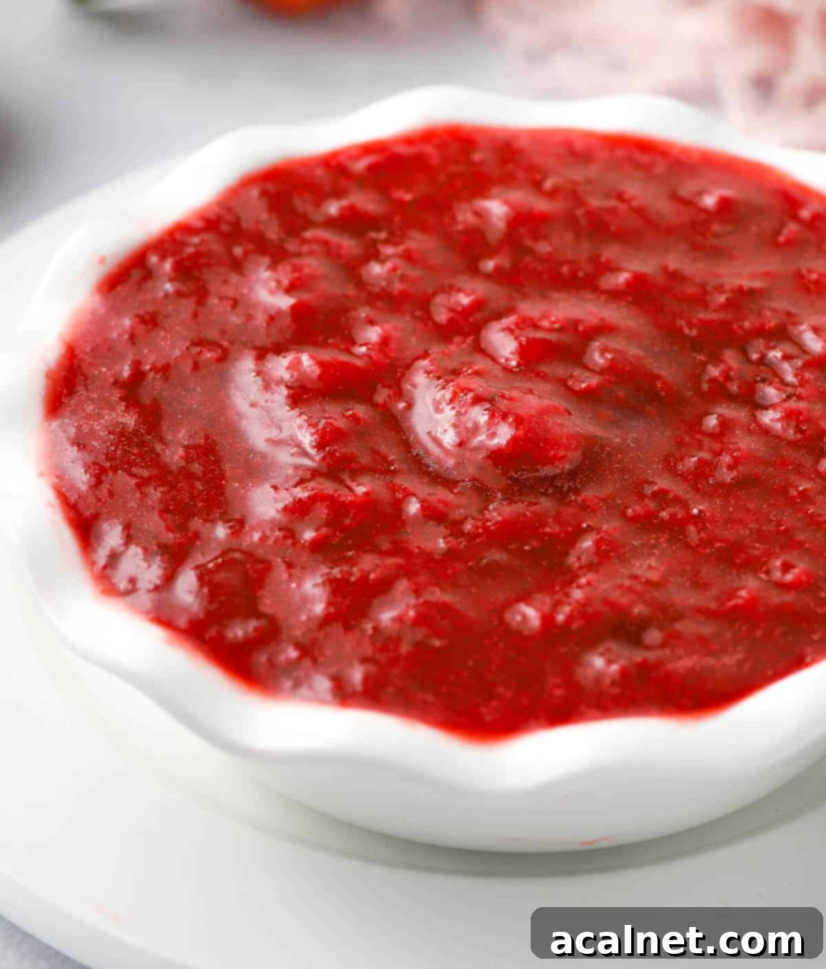 Close up on the sauce inside a small white bowl.