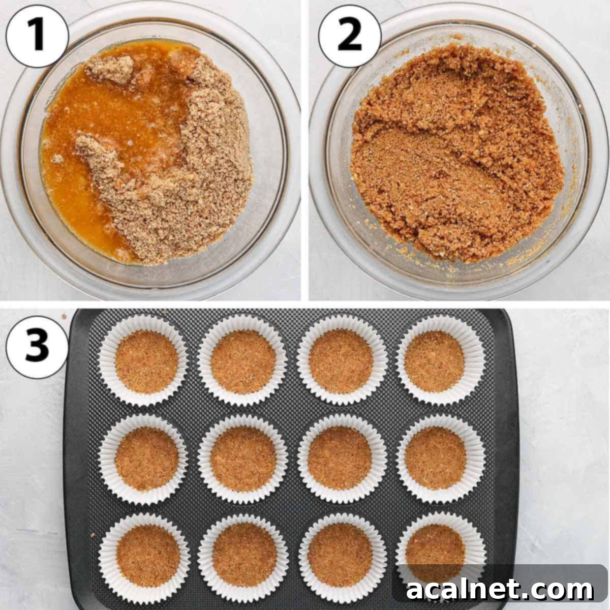 Collage of three process shots showing how to prepare the cookie crust for mini cheesecakes, including crushing biscuits, mixing with butter, and pressing into liners.