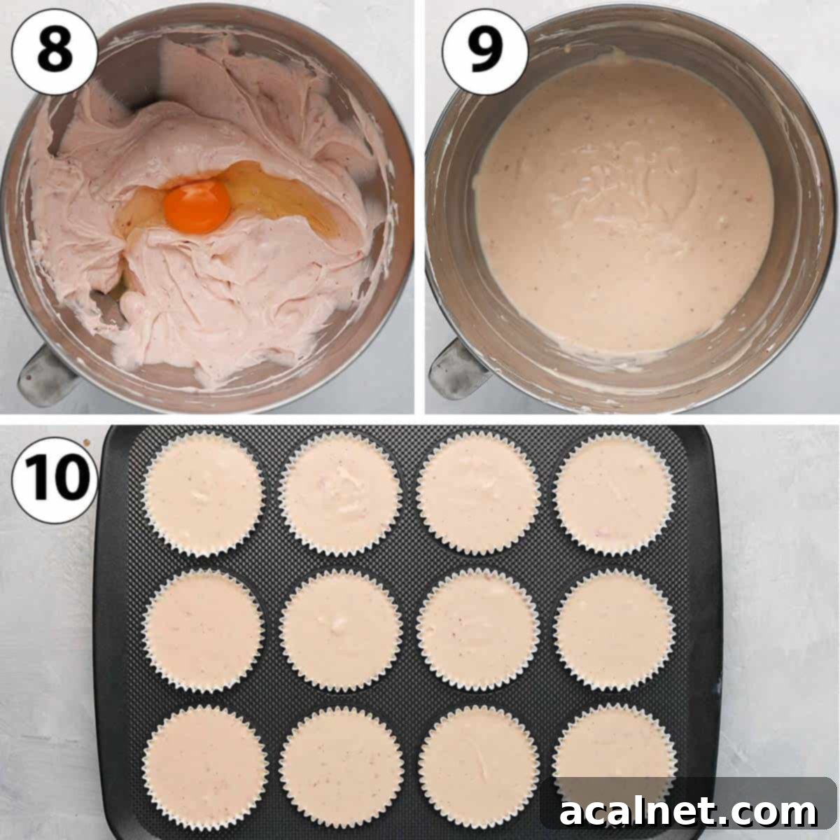 Collage of process shots demonstrating how to gently mix in eggs, scoop cheesecake batter over chilled crusts, and prepare for baking.