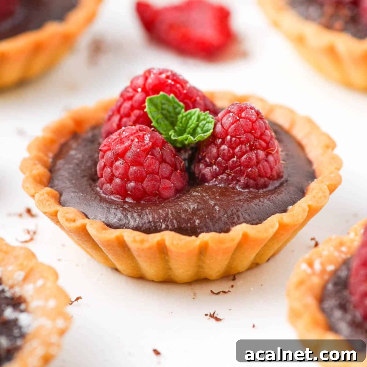Close up on a chocolate raspberry tartlet on a white surface.