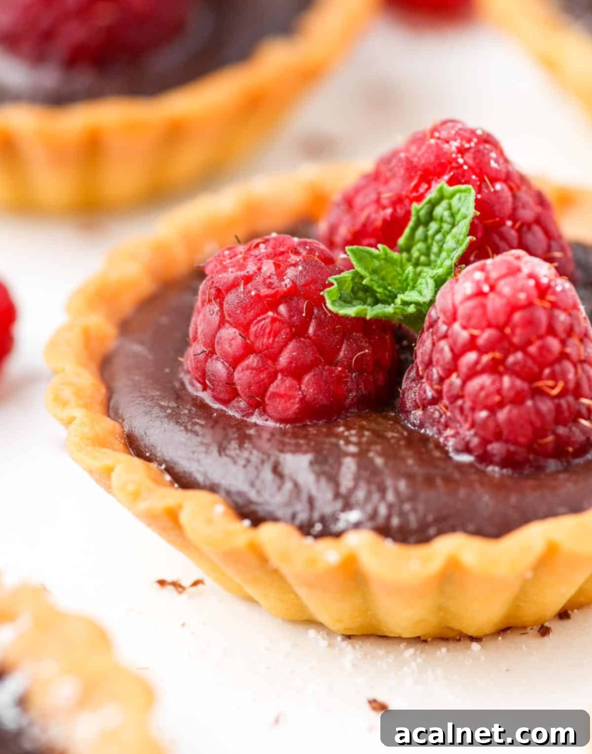 Macro shot of the side of a tartlet and the fresh raspberry topping.