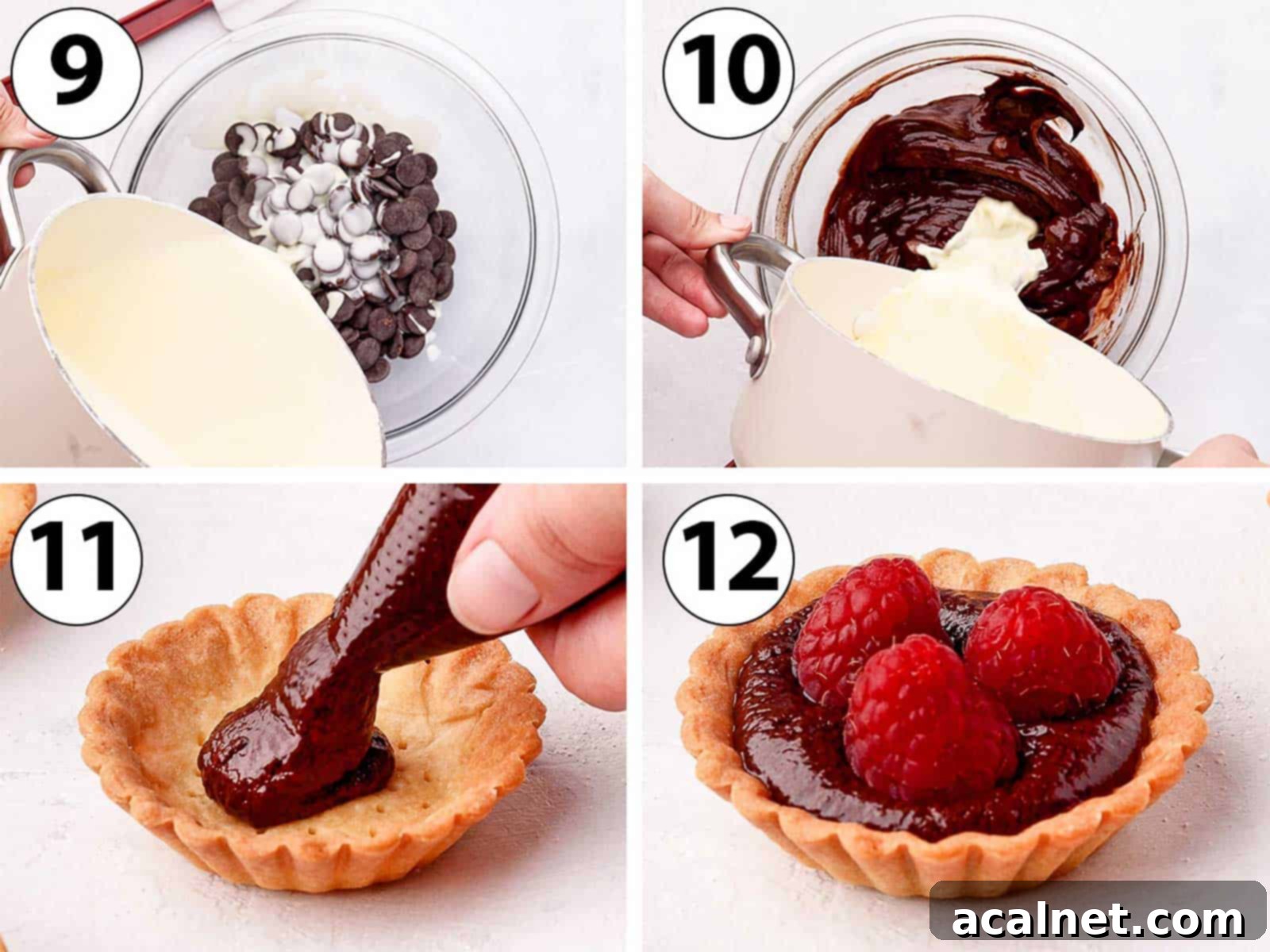 Process Shot Collage: making the chocolate ganache filling and assembling the tartlets with the raspberries.