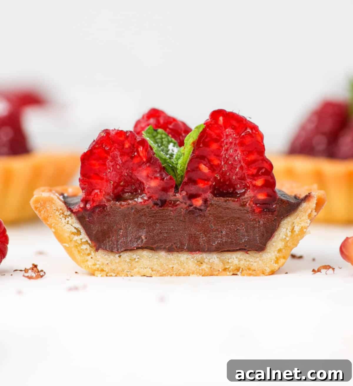 Mini Tart cut in half on a white surface.