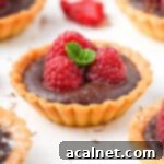 Close up on a chocolate raspberry tartlet on a white surface.