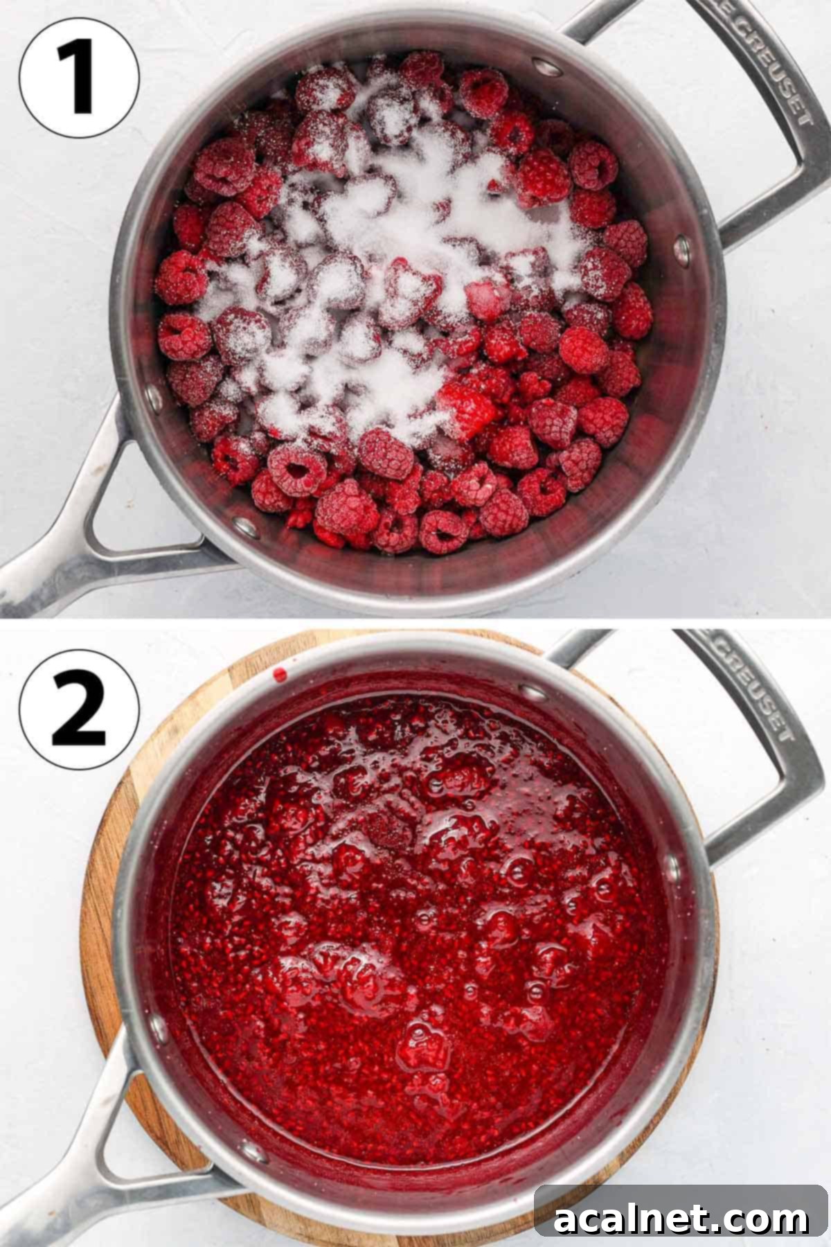 Easy 3 Ingredient Raspberry Compote 4 A process shot collage showing raspberries, sugar, and lemon juice cooking in a saucepan, breaking down to form a compote.