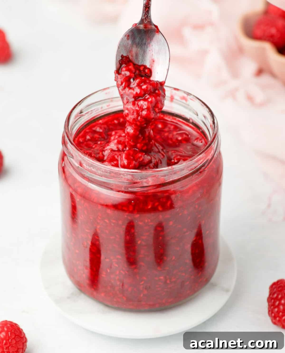 Easy 3 Ingredient Raspberry Compote 6 A silver spoon gracefully dipped into a glass jar of homemade raspberry compote, highlighting its rich texture and color.
