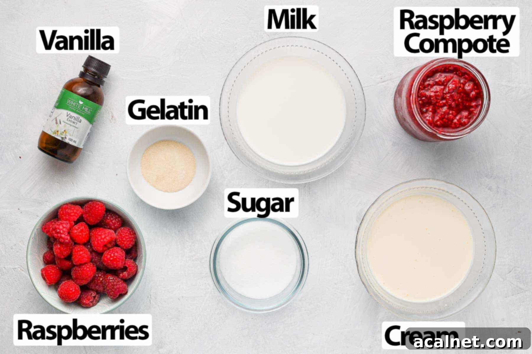 Effortless Raspberry Panna Cotta 3 Ingredients on a white surface for making raspberry panna cotta.