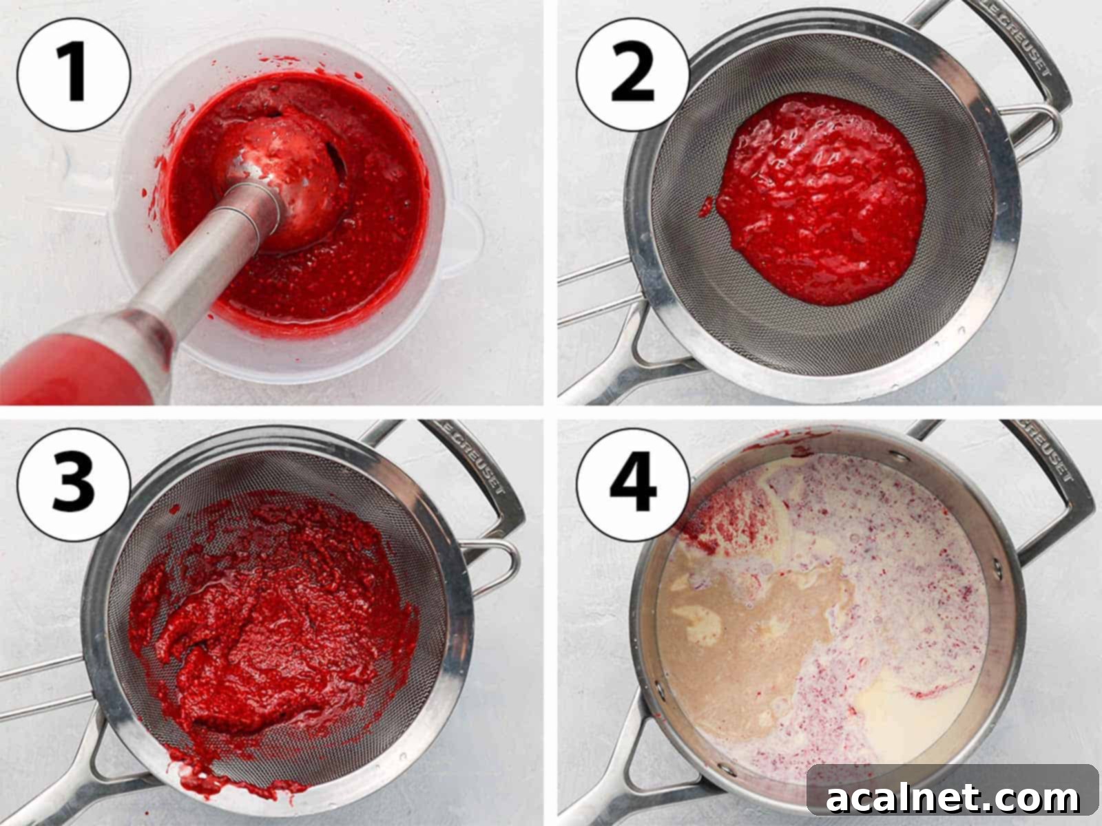 Effortless Raspberry Panna Cotta 4 Process Shot Collage: blending and sifting the raspberries, then adding the milk and cream for panna cotta.