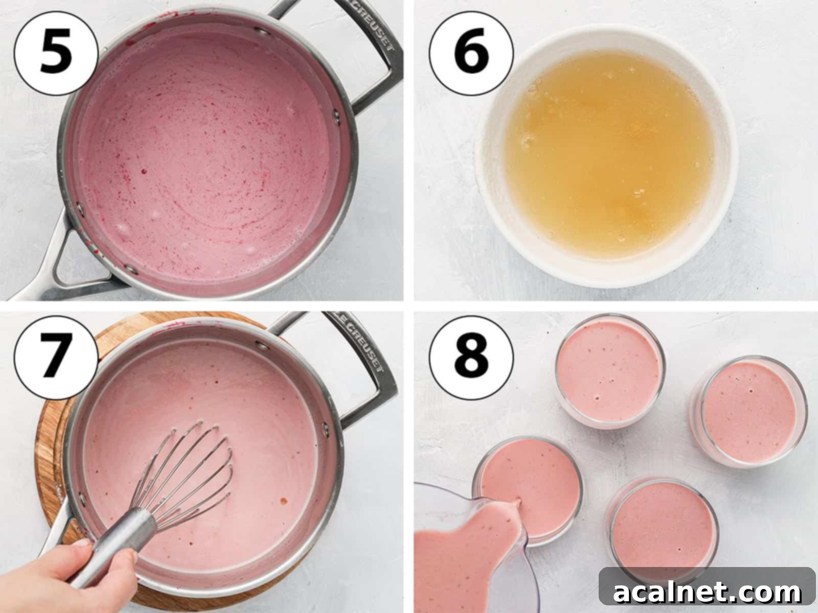 Effortless Raspberry Panna Cotta 5 Process Shot Collage: heating up the panna cotta liquid and mixing in the gelatin.