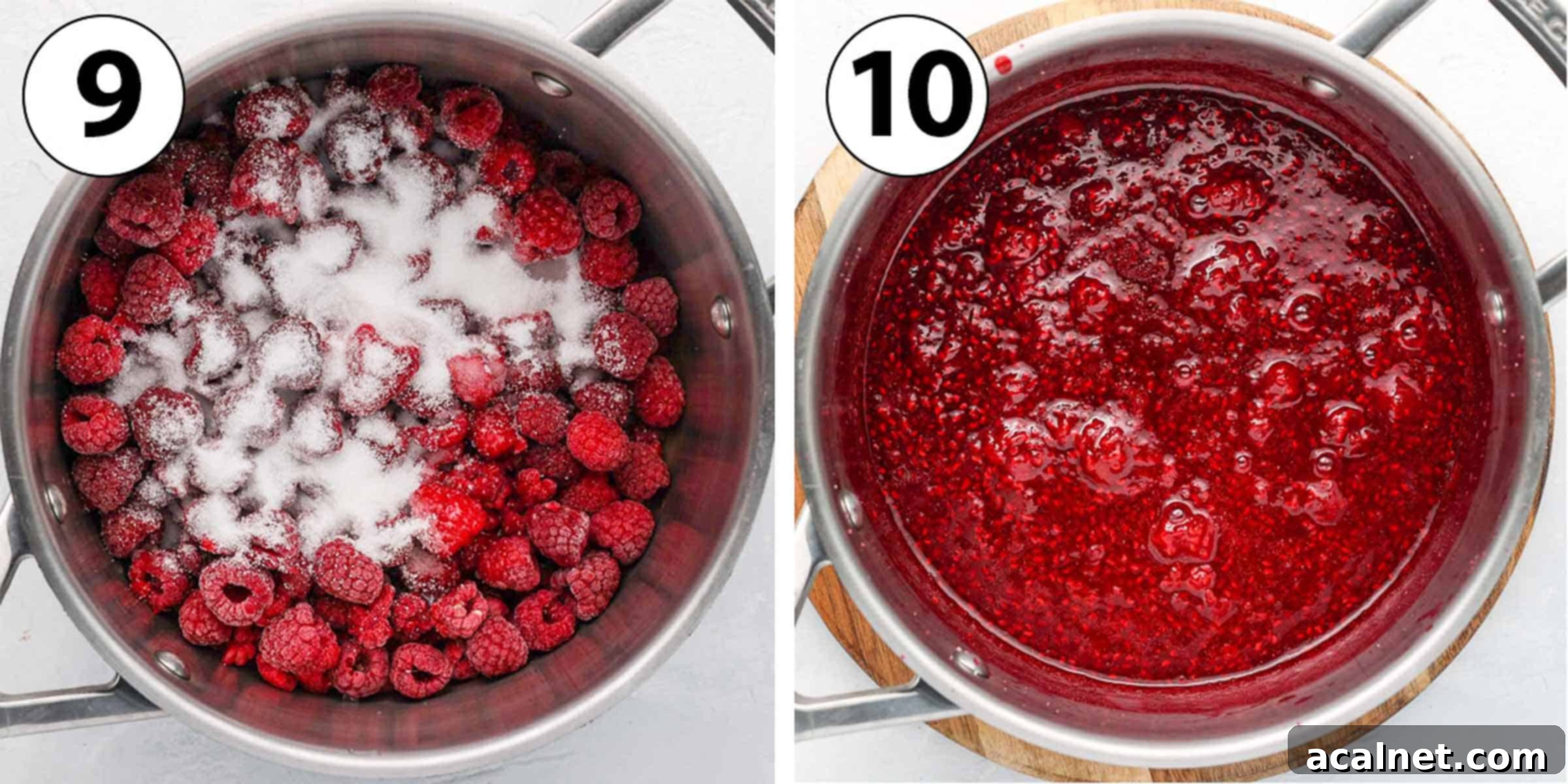 Effortless Raspberry Panna Cotta 6 Process Shot Collage: making the raspberry compote topping with fresh raspberries, sugar and lemon juice.