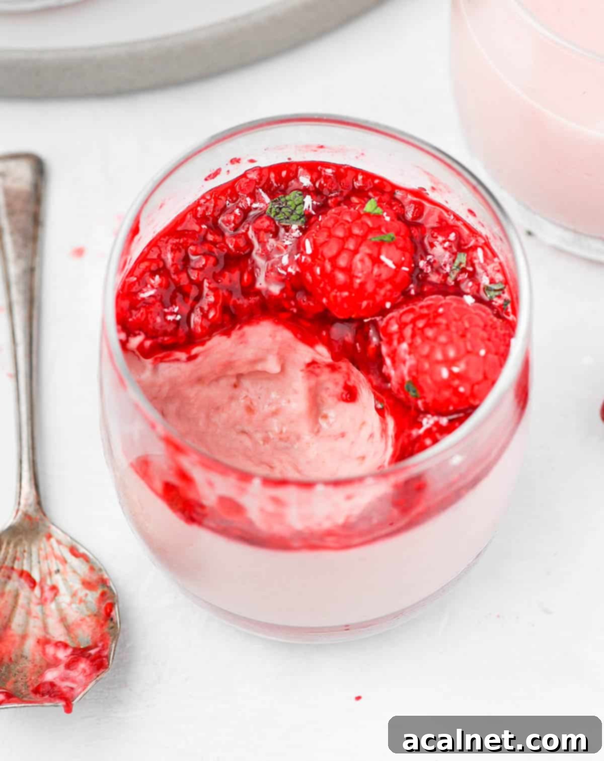 Effortless Raspberry Panna Cotta 8 One spoon taken out of the cup with a close up on the creamy raspberry panna cotta.