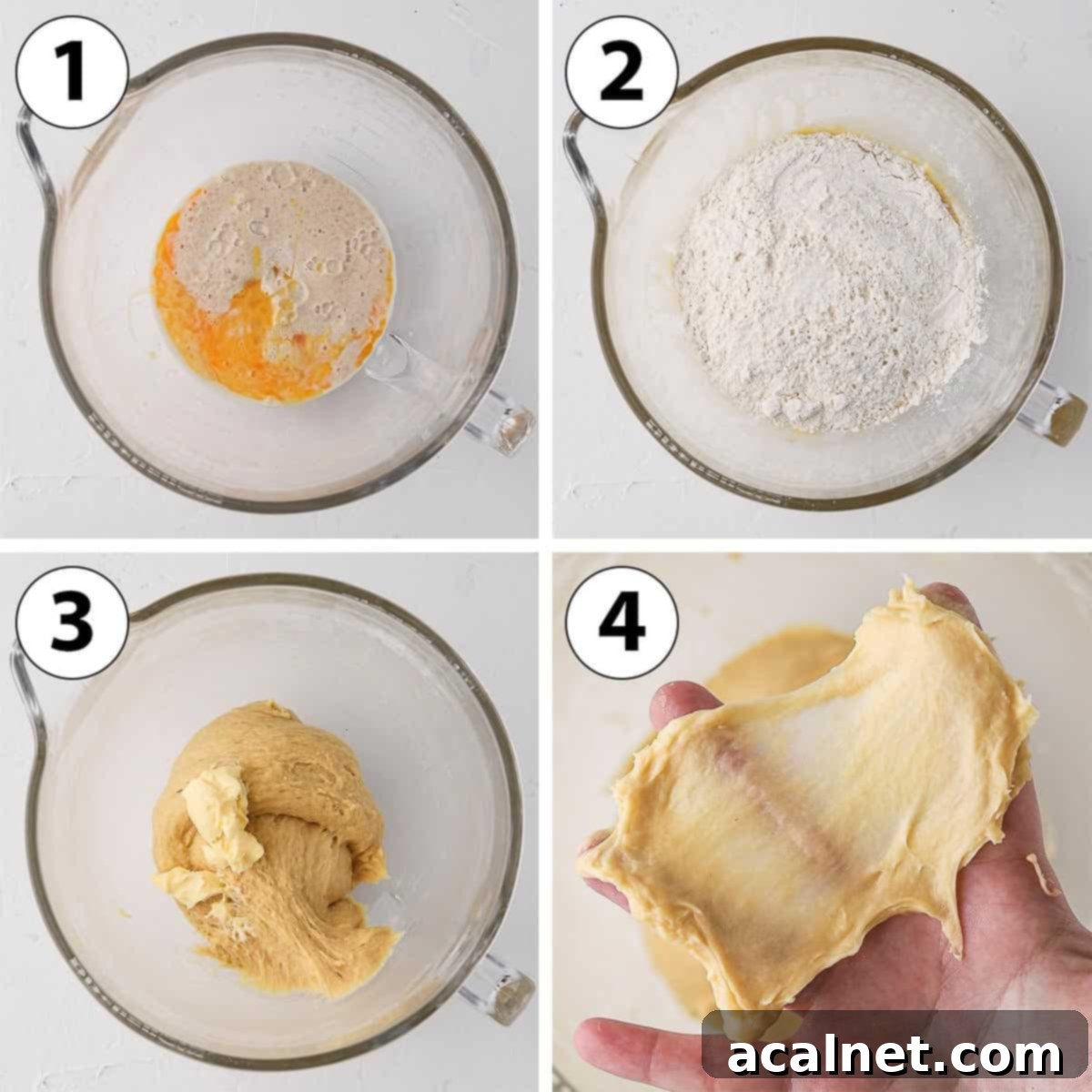 A collage of process shots demonstrating the stages of making brioche dough in a stand mixer.