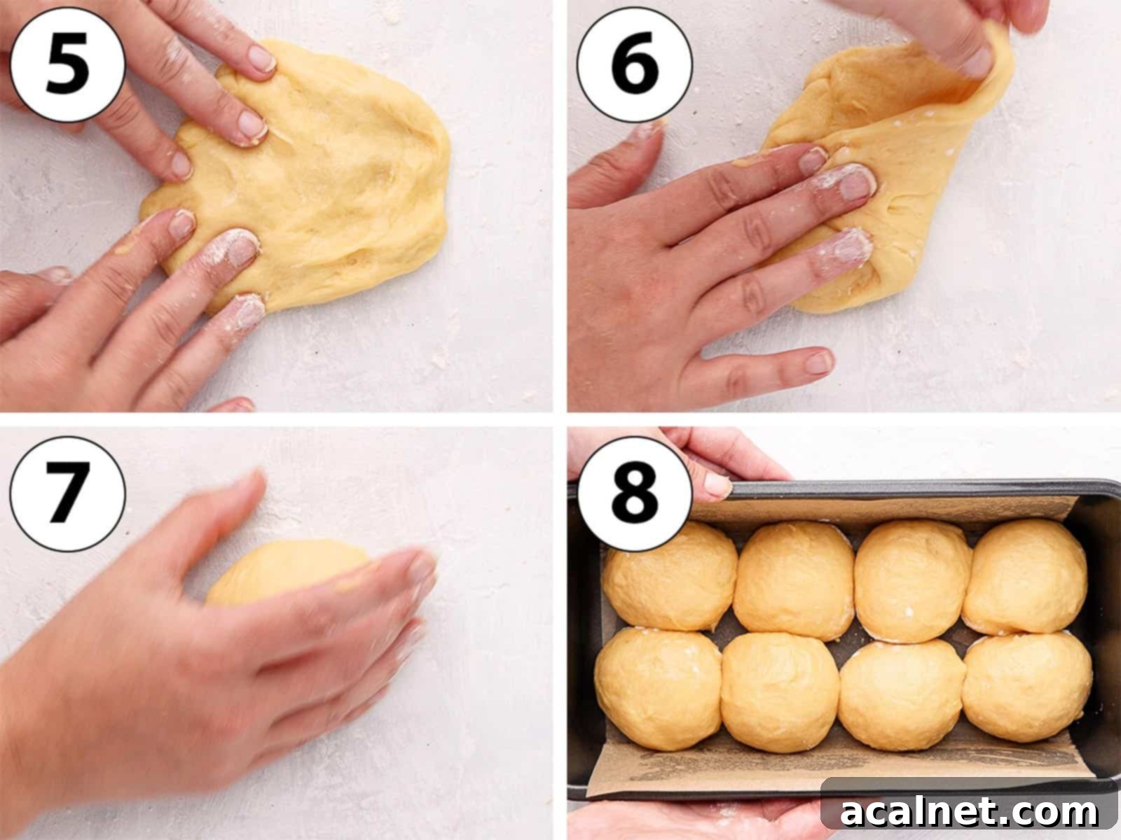 A collage showing the process of shaping brioche dough into buns for a loaf.
