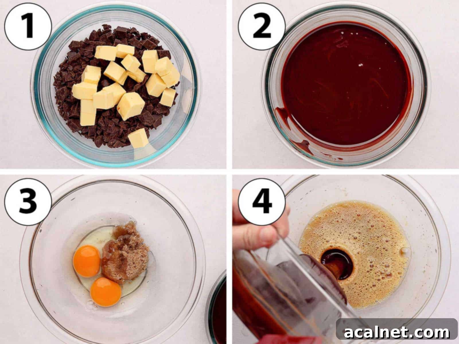A four-panel collage showing the process of making chocolate fondant cakes: melting chocolate and butter, whisking eggs and sugar, combining the mixtures, and the final smooth batter.