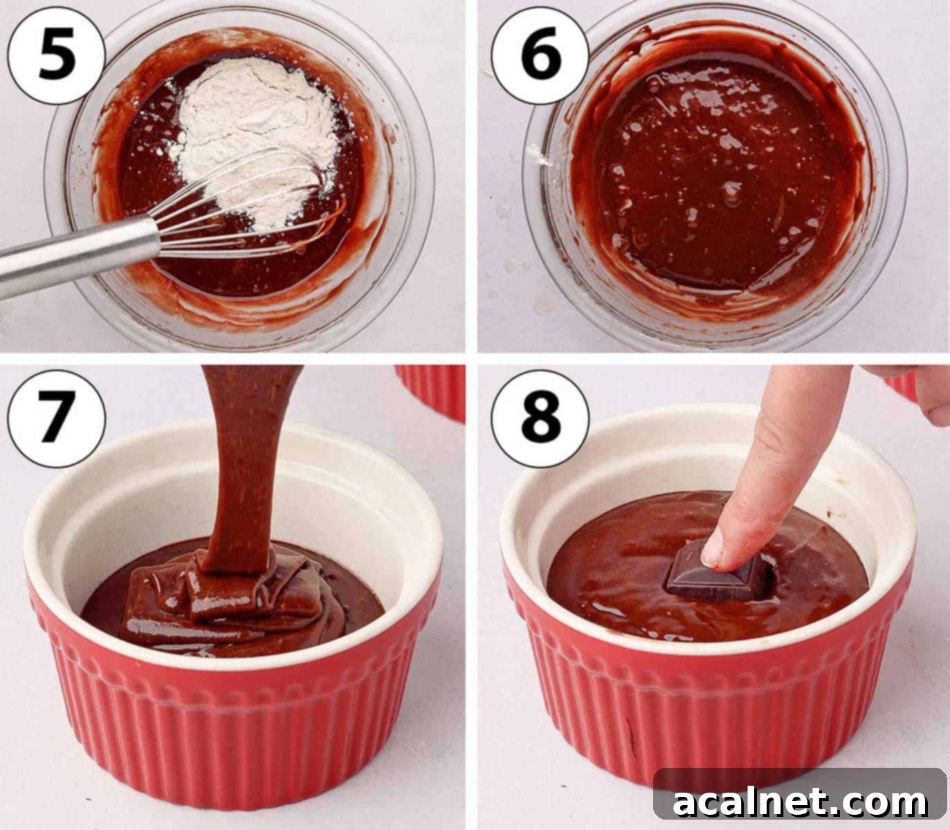 A two-panel collage showing the next steps in making chocolate fondant cakes: adding flour and pouring the batter into ramekins with a chocolate chunk in the center.