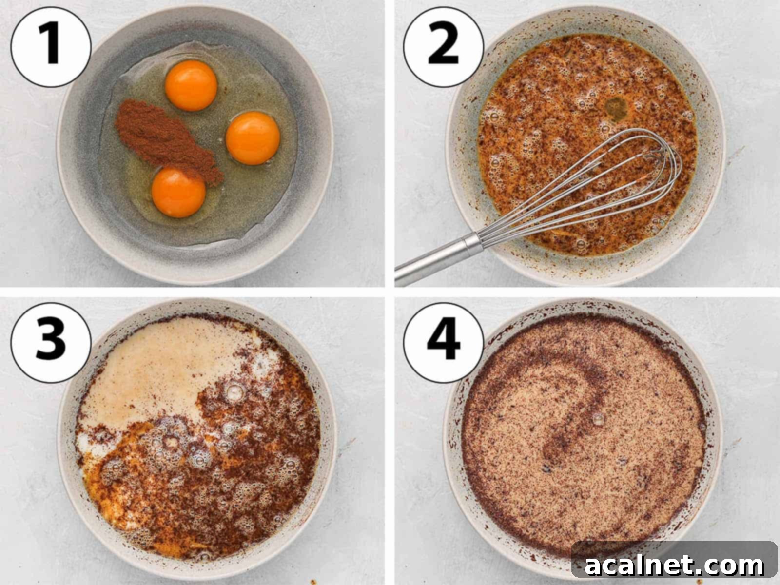 A four-panel process shot collage showing how to prepare the brioche French toast batter: whisking eggs and cinnamon, then adding milk and vanilla, all in a large shallow bowl.