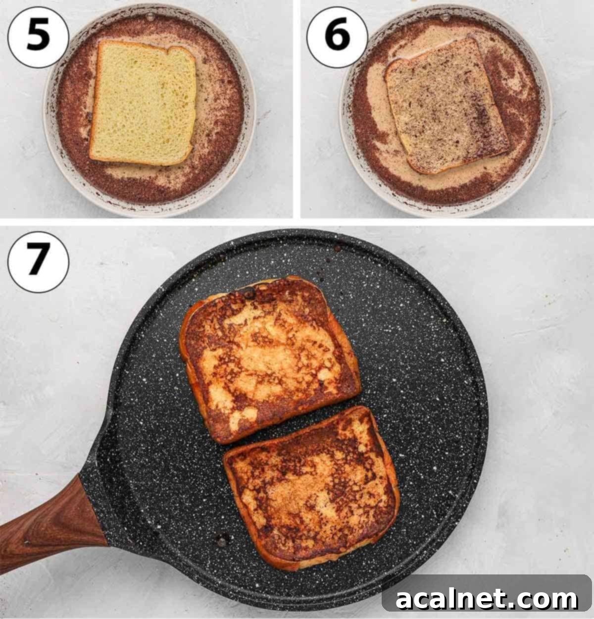A three-panel process shot collage showing brioche slices being soaked in the custard batter and then cooking to a golden brown in a hot pan.