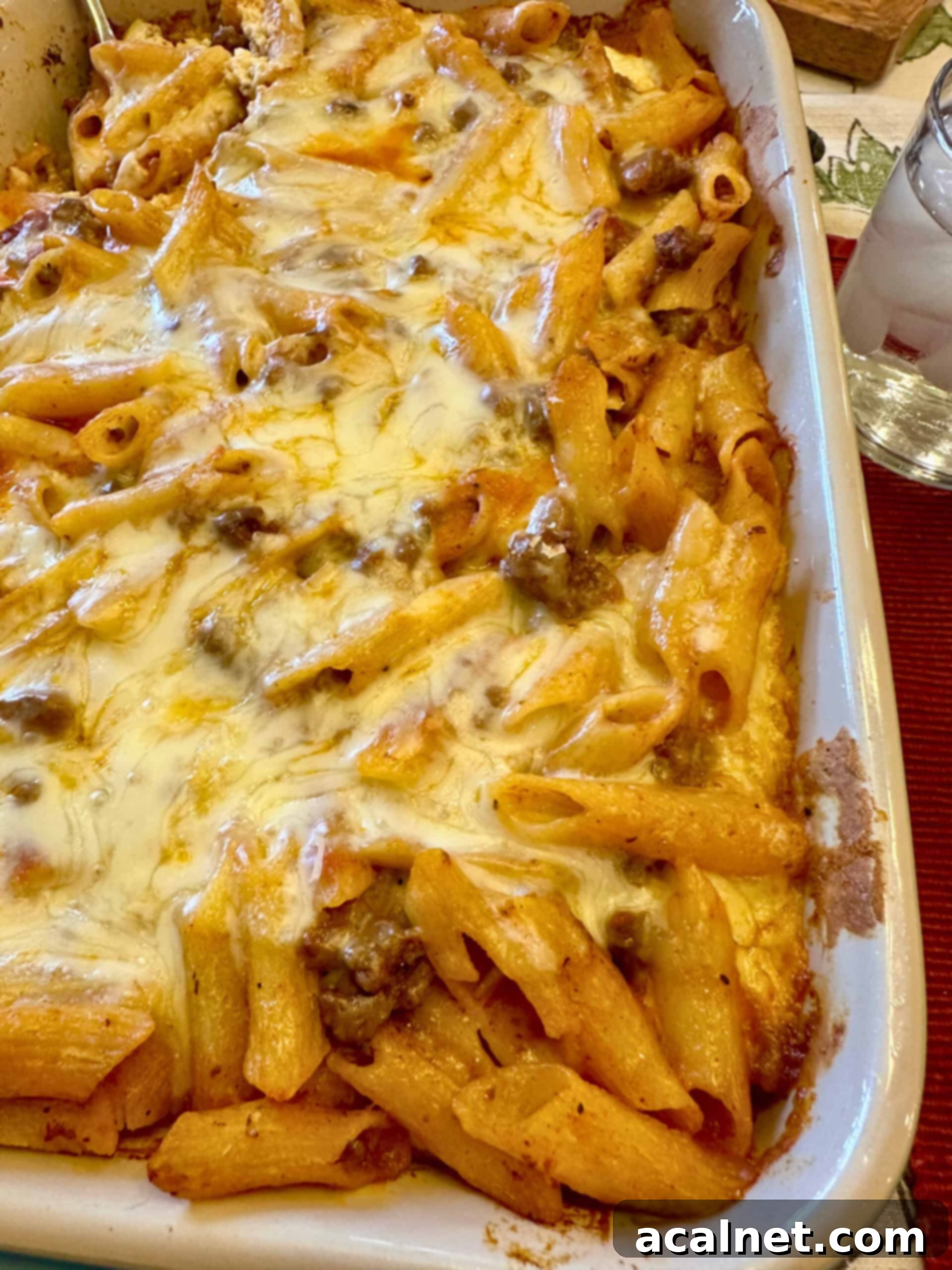 Close-up of baked lazy lasagna with golden melted cheese and visible pasta and sauce layers in a baking dish.