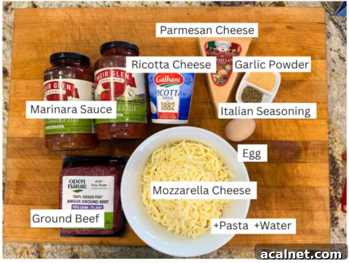 Labeled ingredients for lazy lasagna, including pasta, sauce, cheese, and beef.