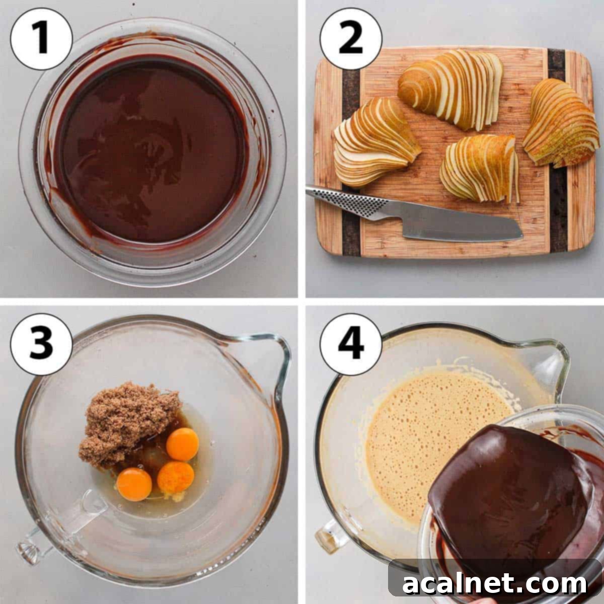 A collage of process shots showing the initial steps of making chocolate pear cake: melting chocolate, slicing pears, and whisking wet ingredients.