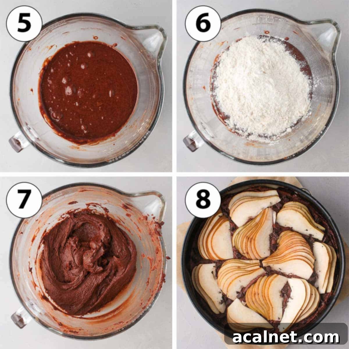 A collage of process shots showing the later steps of making chocolate pear cake: adding dry ingredients and assembling the cake in the pan.