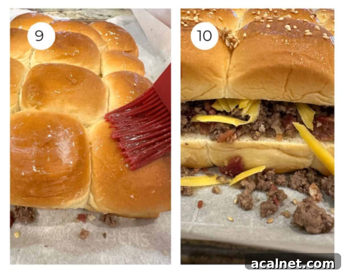 Cheeseburger sliders being brushed with butter and on a baking sheet.