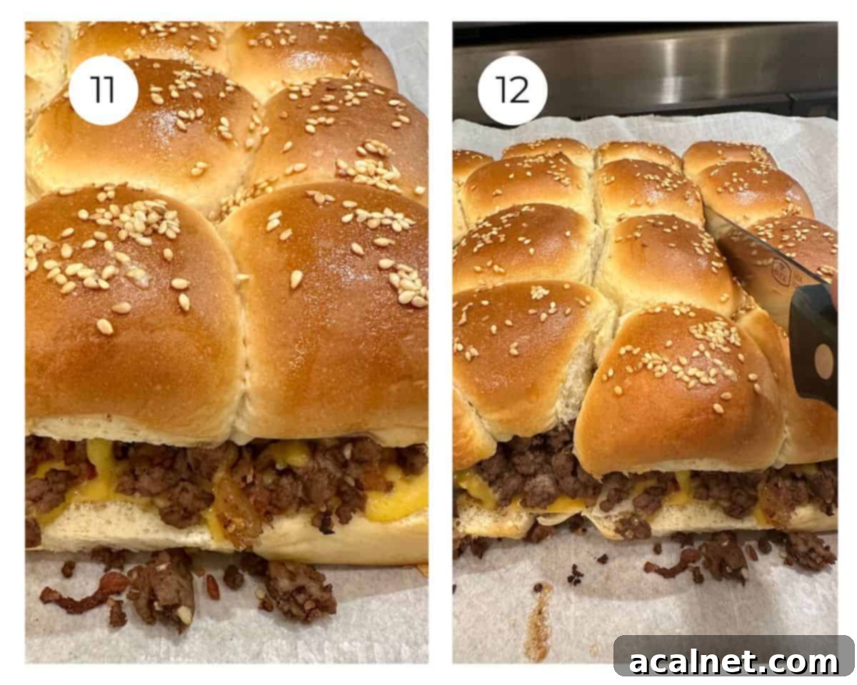 Cheeseburger sliders baked, and being sliced.