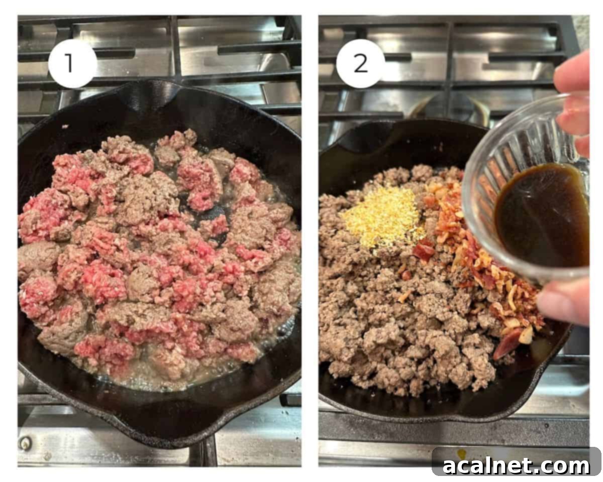 Uncooked hamburger in a skillet on the stove, and cooked hamburger with diced bacon, dried onion and sauce in a cup.