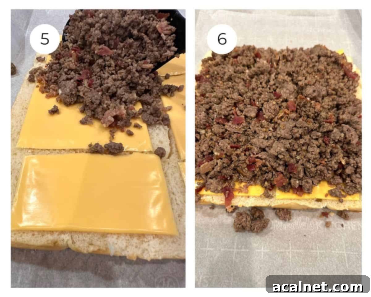 Ground beef added to the top of sliced cheese on the bottom half of Hawaiin rolls.
