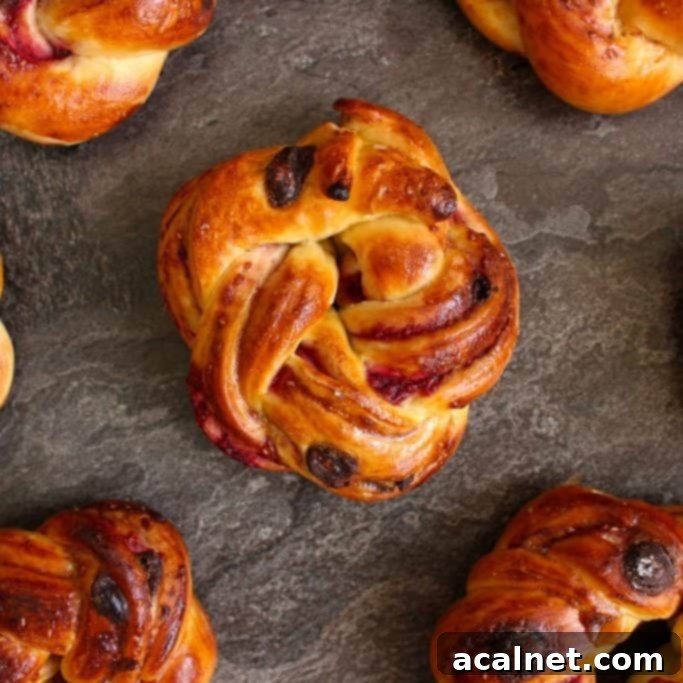 A single, perfectly golden Raspberry and Chocolate Chip Brioche Roll resting on a rustic grey surface, showcasing its fluffy texture and inviting swirl.