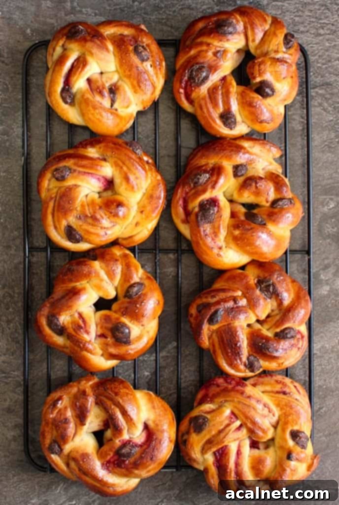 A beautiful flatlay photo showcasing several golden Raspberry and Chocolate Chip Brioche Rolls cooling on a wire rack, ready to be enjoyed.