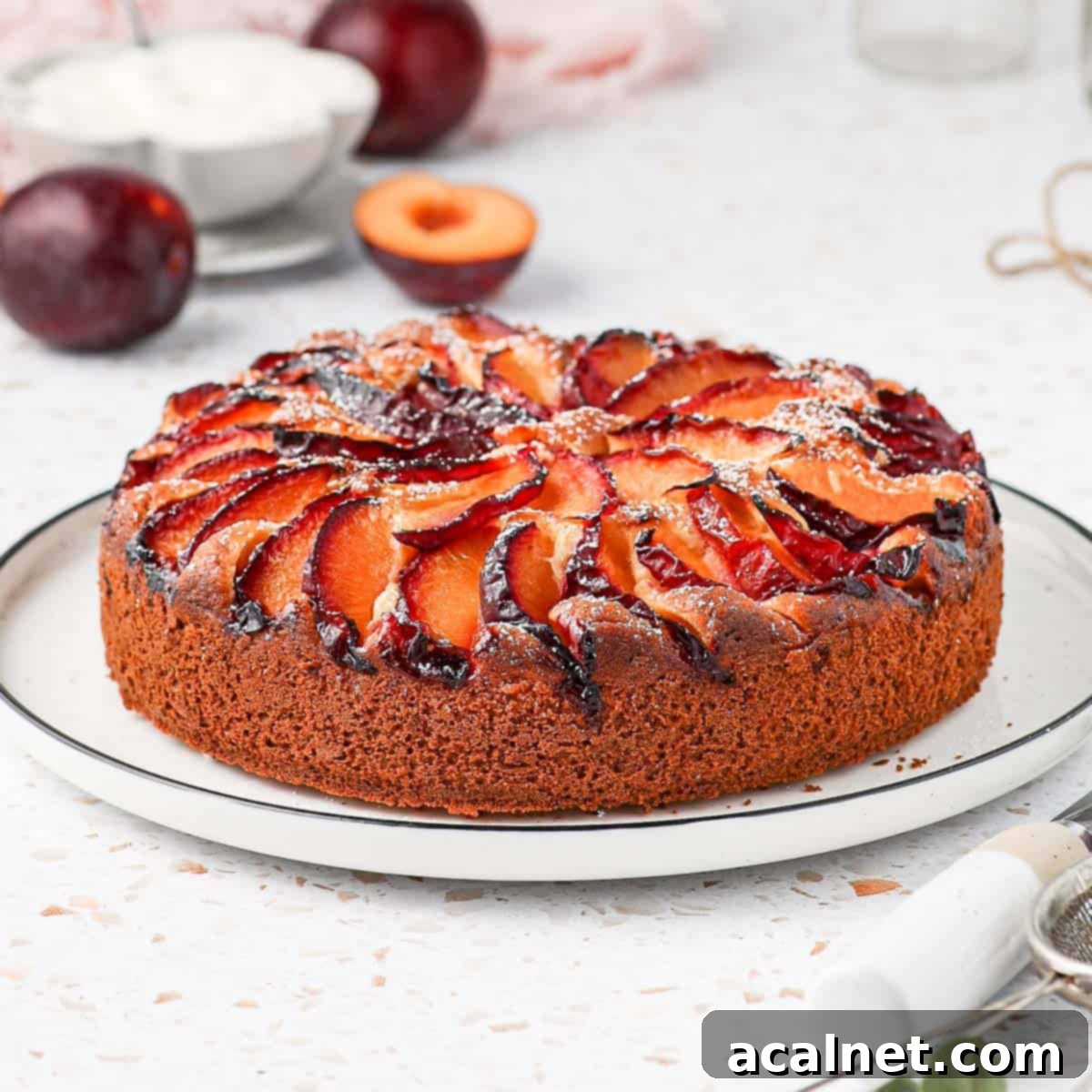 A slice of moist Yogurt Plum Cake on a white plate, dusted with icing sugar, ready to be served. Highlights the fluffy texture and juicy plum pieces.